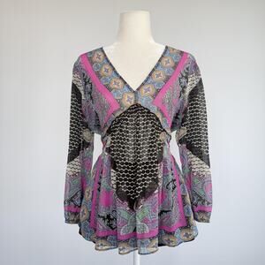 Rose + Olive Tunic Blouse Womens M Multicolor Paisley V Neck Sheer Chiffon Top